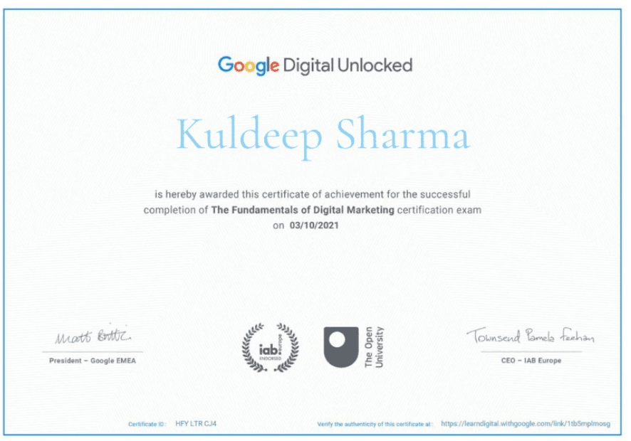 Google Digital Unlocked Certificate - Kuldeep Sharma